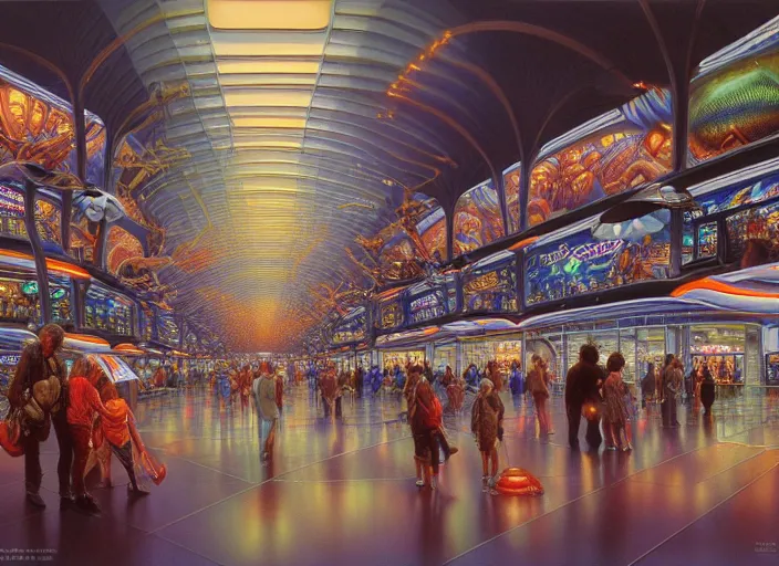 Prompt: detailed intricate portrait of futuristic shopping mall, sharp focus, art by artgerm, bob eggleton, michael whelan, stephen hickman, richard corben, wayne barlowe beautiful psychedelic dmt lighting, hyper detailed, 8 k, oil on canvas 8 k