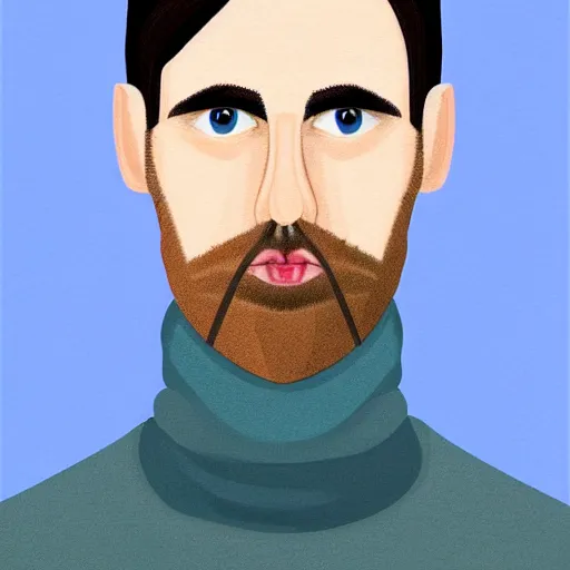 Image similar to gangly 30 year old dark blond man with dark blond hair long on top medium down the sides, blond beard, small chin, rectangular face, thin lips, English heritage, small blue eyes, middle aged, wearing a turtleneck and jacket, pale skin, narrow face, digital art, painterly, cartoon, cute, 8k, illustration, art by loish, painterly, trending on artstation, medium shot, uncropped