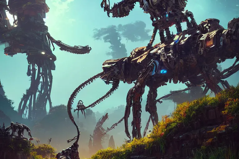 Image similar to tallneck machine mecanical creature robot of horizon forbidden west horizon zero dawn bioluminiscence global illumination ray tracing hdr fanart arstation by ian pesty and alena aenami artworks in 4 k