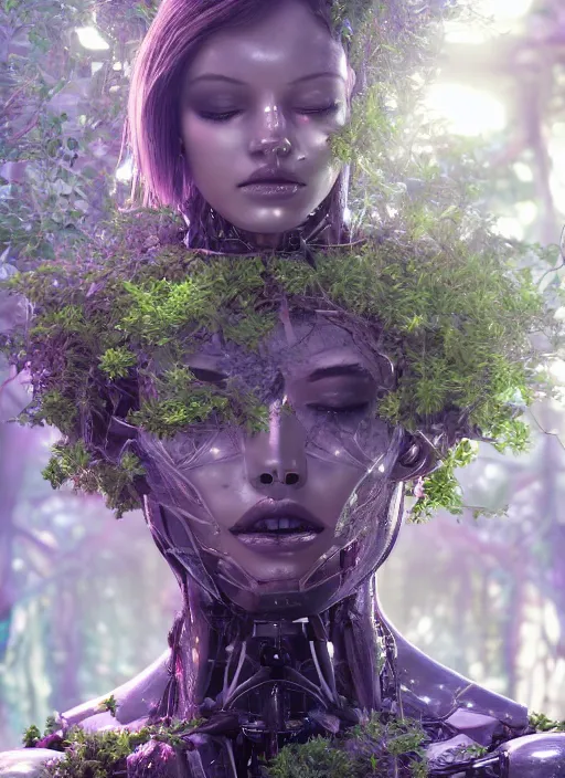 Prompt: beautiful female robot covered by plants and crystals in the mystical forest, beautiful symmetrical face, full body, immersed in the tree, chrome parts, opal crystals, renaissance style, cyber punk, sci - fi, baroque, cinematic light, mystical shadows, 8 k, octane render