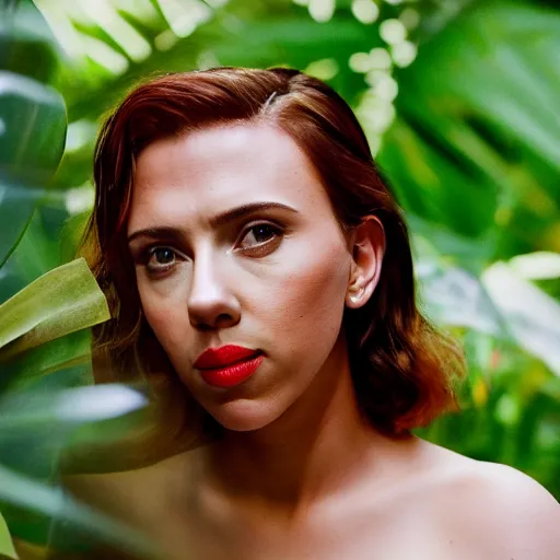 Image similar to head and shoulder portrait medium format photograph of scarlett johansson wearing a yellow kimono in a tropical greenhouse. super resolution. 85 mm f1.8 lens.bokeh.graflex.