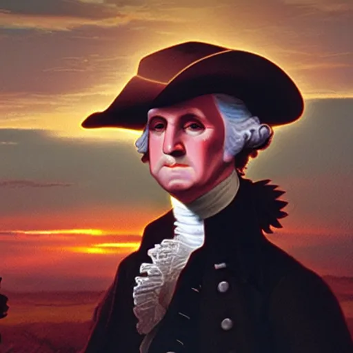 Image similar to george washington stars in a gunslinger spaghetti western, movie still, dramatic lighting, sunset