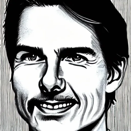 Image similar to a portrait drawing of Tom Cruise drawn by Robert Crumb