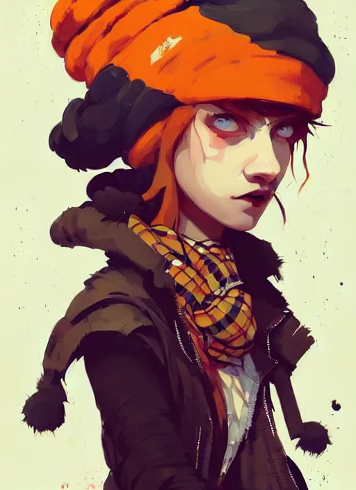 Prompt: highly detailed portrait of a sewer punk lady student, beanie, tartan scarf, curly blonde hair by atey ghailan, by greg rutkowski, by greg tocchini, by james gilleard, by joe fenton, by kaethe butcher, gradient, orange, black, brown and cream color scheme, grunge aesthetic!!! white graffiti tag wall background