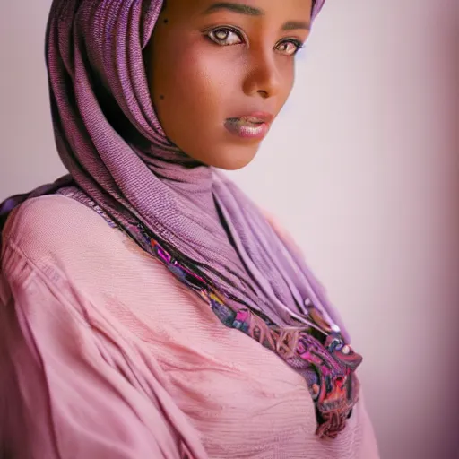 Image similar to studio photography, portrait photo, somalia, vintage, somali woman, beautiful, dreamy, studio ghibli, pastel, highly detailed, happy