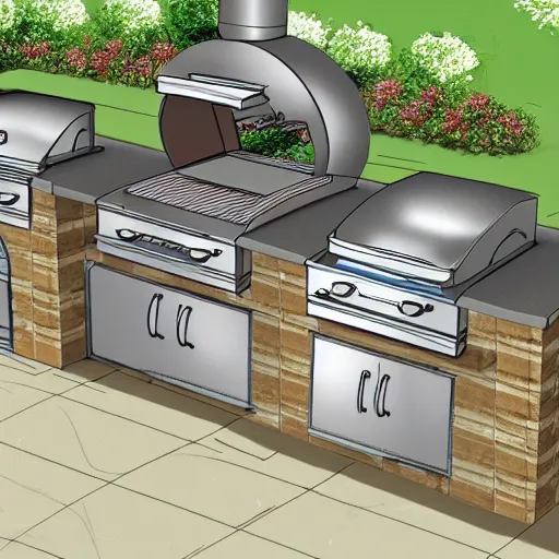 Image similar to new ideas for outdoor kitchen design with grill and pizza oven, designer pencil sketch, HD resolution