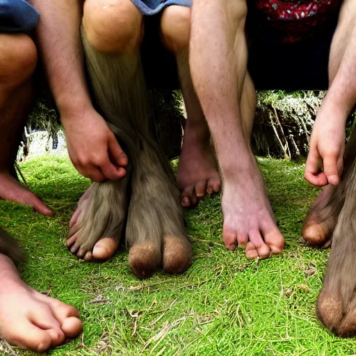 Image similar to a group of hobbits admiring the hairiness of their feet