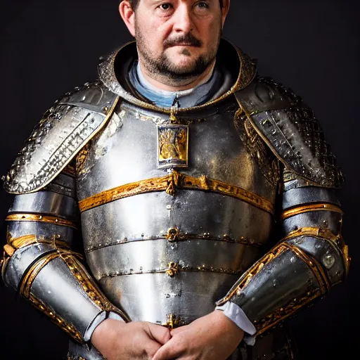 Image similar to richard iv the roman king photo, real human, soft studio lighting, 6 0 mm lens in full armor, pregnancy belly