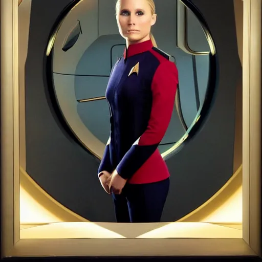 Image similar to a beautiful full body photograph of kristen bell as a star fleet officer from star trek next generation, extreme realism and detail, 8 k, completely framed, direct lighting, 3 5 mm photo, photorealistic, sharp focus