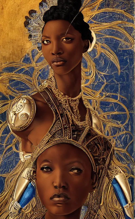 Image similar to beautiful young cyborg queen, african, beautiful dark skin, piercing glowing eyes, elegant, striking composition, ornate royal gown, highly detailed ornate sci fi background, mural in the style of sandro botticelli, caravaggio, albrecth durer, 8k