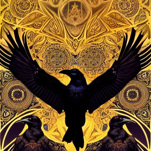 Image similar to beautiful mandala of ravens, fully symmetrical, fantasy, golden ornamental, detailed digital painting, artstation, concept art, painterly, sharp focus, illustration, art by John Collier and Krenz Cushart and Artem Demura and Rafael and Alphonse Mucha and Albert Aublet