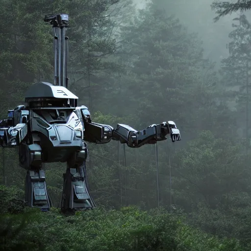 Prompt: still from a big budget scifi movie above a misty swamp planet, a tall and slender mech with many wires and cable joints with translucent white plastic armor and led light trims and black knee and elbow joints, flies high above the forest canopy