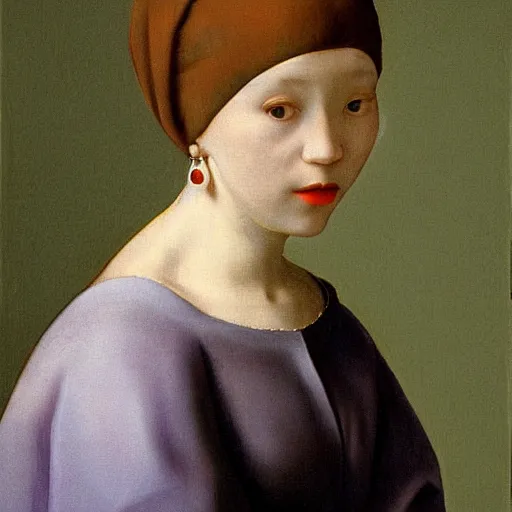 Image similar to girl with the pearl earing , earing is a fruit pear instead by johaness vermeer