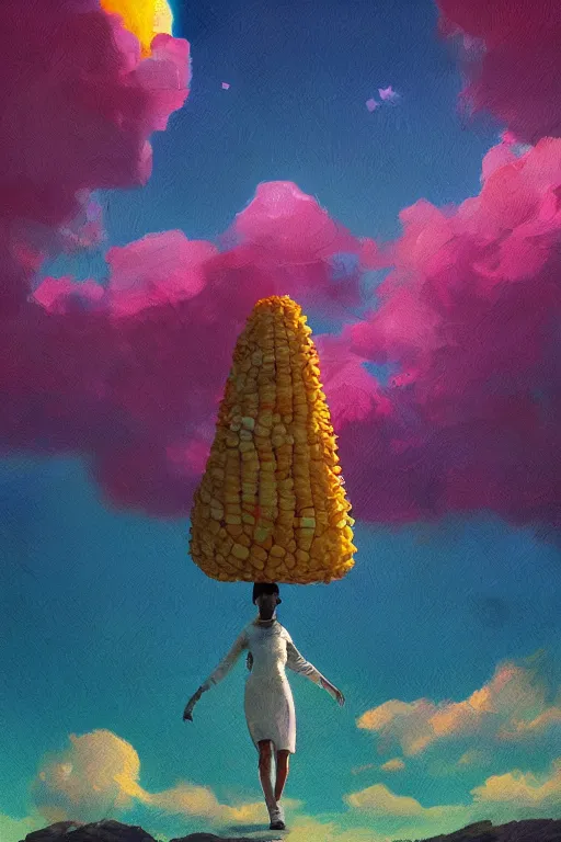 Image similar to giant corn flower head, girl walking on the moon, surreal photography, sunrise, dramatic light, impressionist painting, colorful clouds, digital painting, artstation, simon stalenhag