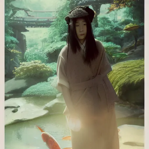 Prompt: portrait of a young japanese woman looking at koi fish in a pond, dim volumetric lighting, 8 k octane beautifully detailed render, post - processing, extremely hyper - detailed, intricate, epic composition, cinematic lighting, masterpiece, trending on artstation, detailed detailed detailed, stunning art by anders zorn, wonderful masterpiece by greg rutkowski, beautiful cinematic light