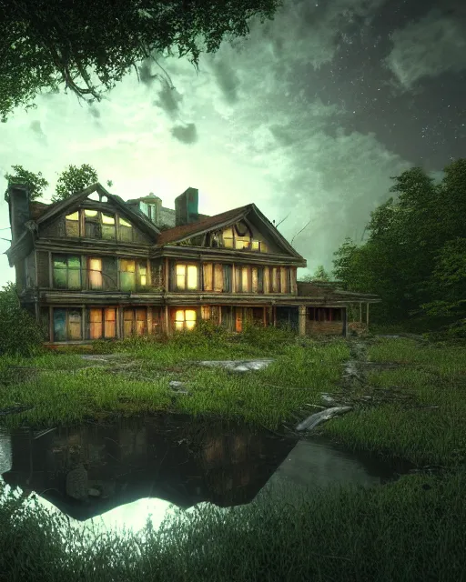 Image similar to a beautiful photorealistic render of single family detached house abandoned by albert bierstadt, reclaimed by nature retro nightsky gem liberty city atlantis architecture island apocalyptic nature cosmic sea, archdaily, wallpaper, highly detailed, trending on artstation.