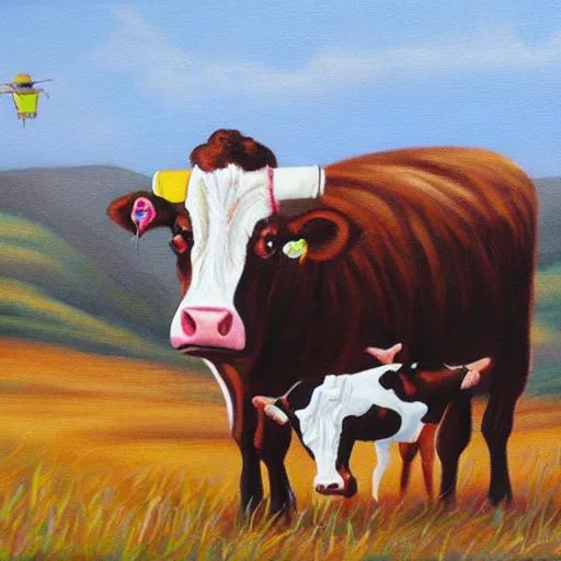 Image similar to a ufo stealing cows, painting