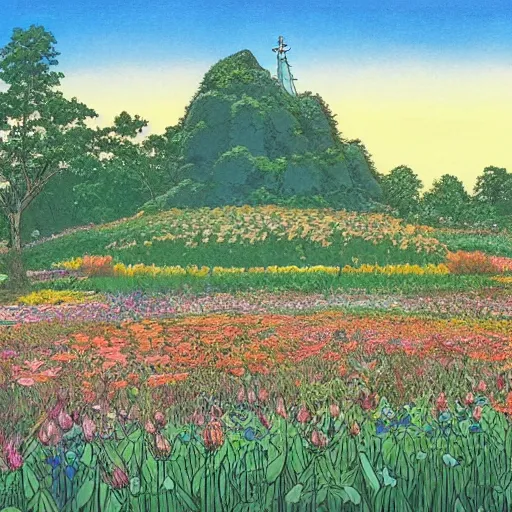 Image similar to a beautiful painting of a large exquisite mystical shrine in a field of flowers by moebius and studio ghibli