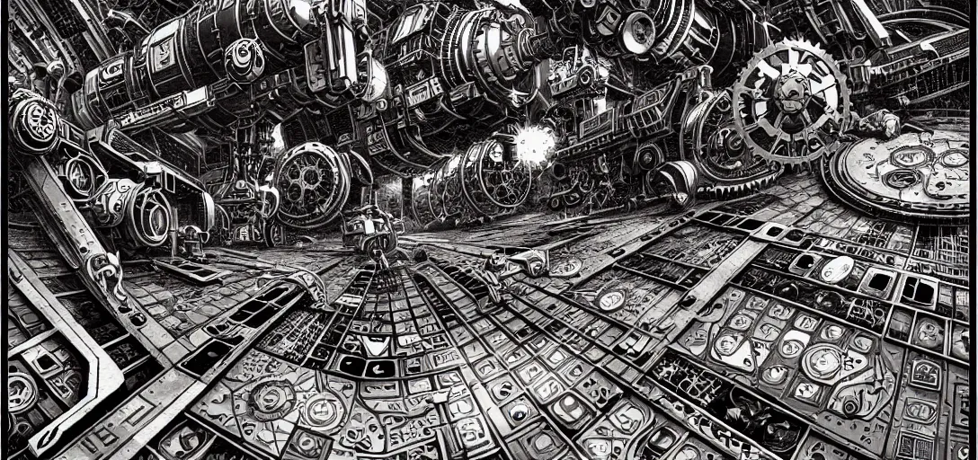 Prompt: steampunk mech tiled floor, one point perspective, high details, line art, by vincent di fate and joe fenton, inking, screen print, masterpiece, trending on artstation, sharp,, hyper - detailed, hd, 4 k, 8 k