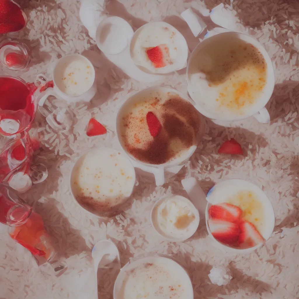 Image similar to colored milk tea, rice cream, strawberry embellishment, trending on studio ghibli, dreamy, soft, global illumination, radiant light, intricate environment, luminescence, highly detailed, 8 k