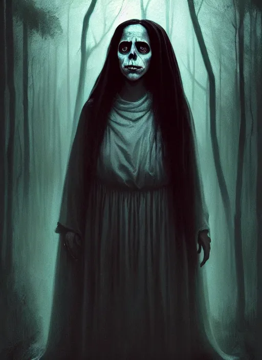 Image similar to portrait of la llorona from the curse of la llorona, desaturated colors, horror lighting, digital art, winning award masterpiece, fantastically eerie, illustration, upscale with simon stalenhag work, trending on artstation, art by wlop and alex ross