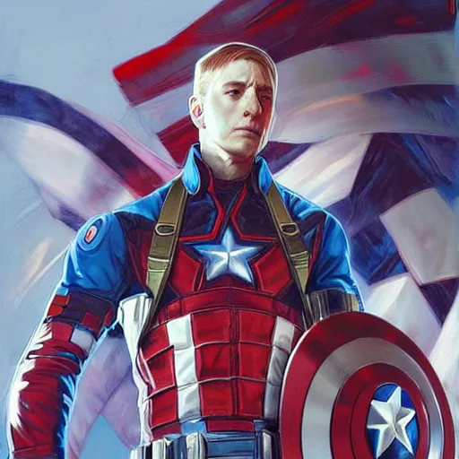 Image similar to Eminem as captain america, artstation, digital painting, detailed, illustration, art by Artgerm and Grek Rutkowski and Alphonse Mucha