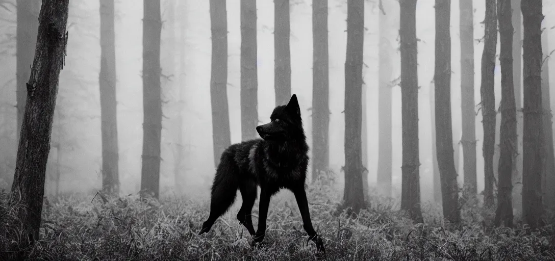 Prompt: giant black wolf lost in foggy wood, monochrome, analogue photo quality, 35mm