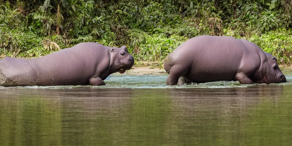 Prompt: a single hippo in a river in the jungle. the hippo has large wings. extremely high fidelity, natural lighting