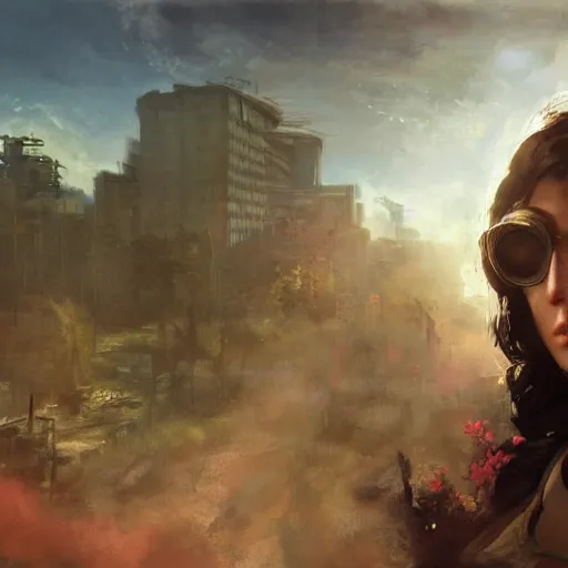 Image similar to fallout 5, charismatic beautiful rugged brunette female protagonist, portrait, outdoors tropical cityscape, atmospheric lighting, painted, intricate, volumetric lighting, beautiful, daytime, sunny weather, few clouds, sharp focus, deep colours, ultra detailed, art by william turner, krenz cushart and wenjun lin