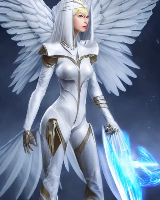 Image similar to perfect white haired attractive egyptian goddess with huge white dove wings, warframe armor, beautiful, symmetric, dreamy, half asian, pretty face, blue eyes, detailed, scifi platform, laboratory, charlize theron, 4 k, ultra realistic, epic lighting, android body, illuminated, cinematic, masterpiece, art by akihito tsukushi, voidstar