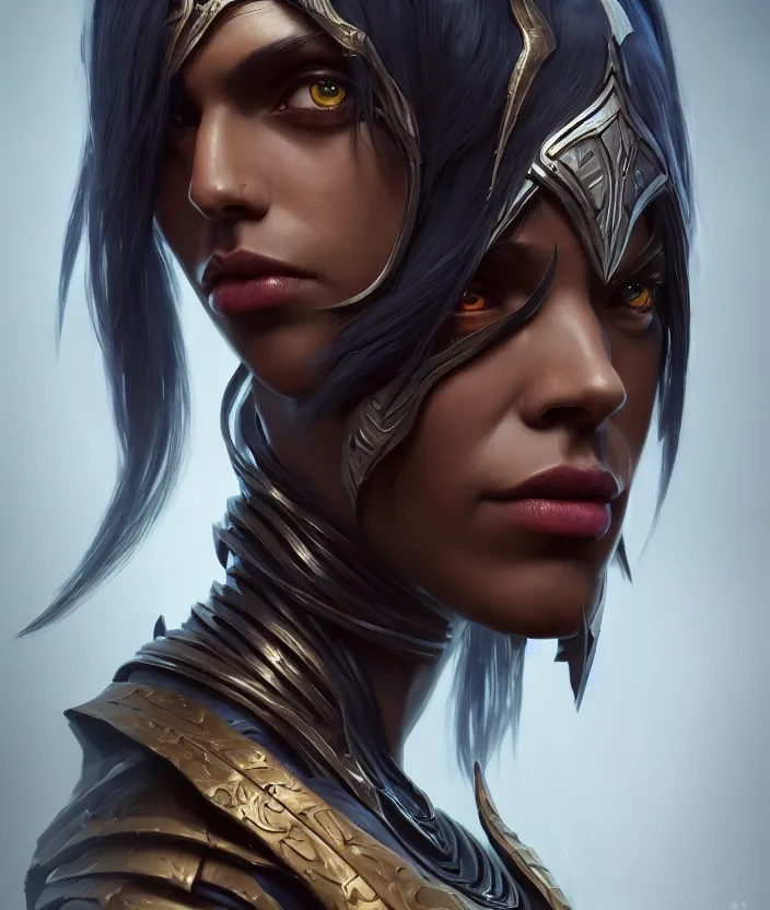 Image similar to a portrait of a dark elf, hyper detailed, digital art, trending in artstation, cinematic lighting, studio quality, smooth render, artgerm, joshua middleton, rafael albuquerque, unreal engine 5 rendered, octane rendered, art style by klimt and nixeu and ian sprigger and wlop and krenz cushart