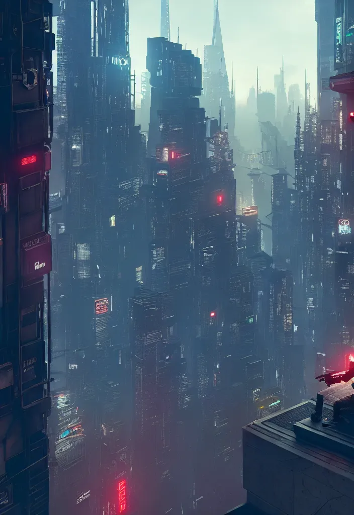 Image similar to a lone police officer overlooking a ledge towards the city below in cyberpunk new york city | highly detailed | very intricate | cinematic lighting | by asher brown durand and eddie mendoza | featured on artstation