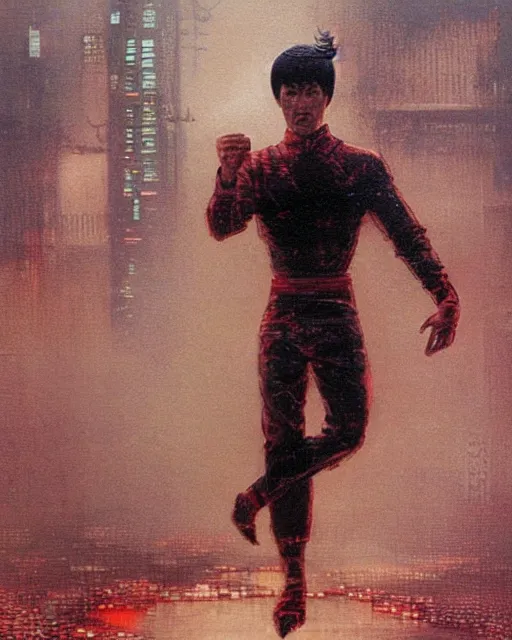 Image similar to bruce lee as a cyberpunk samurai, retrofuturism sci - fi old movie, highly detailed, photorealistic, 8 k, by beksinski and stalenhag