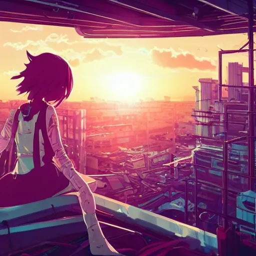 Prompt: android mechanical cyborg anime girl child overlooking overcrowded urban dystopia. long flowing soft hair. scaffolding. pastel pink clouds baby blue sky. gigantic future city. raining. makoto shinkai. wide angle. distant shot. purple sunset. perfectly circular sun.