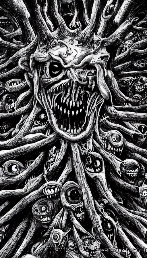 Image similar to a storm vortex made of many demonic eyes and teeth over a forest, by steve argyle