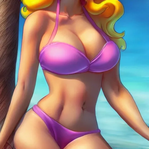 Image similar to beautiful princess peach in a bikini on the beach drawn by artgerm