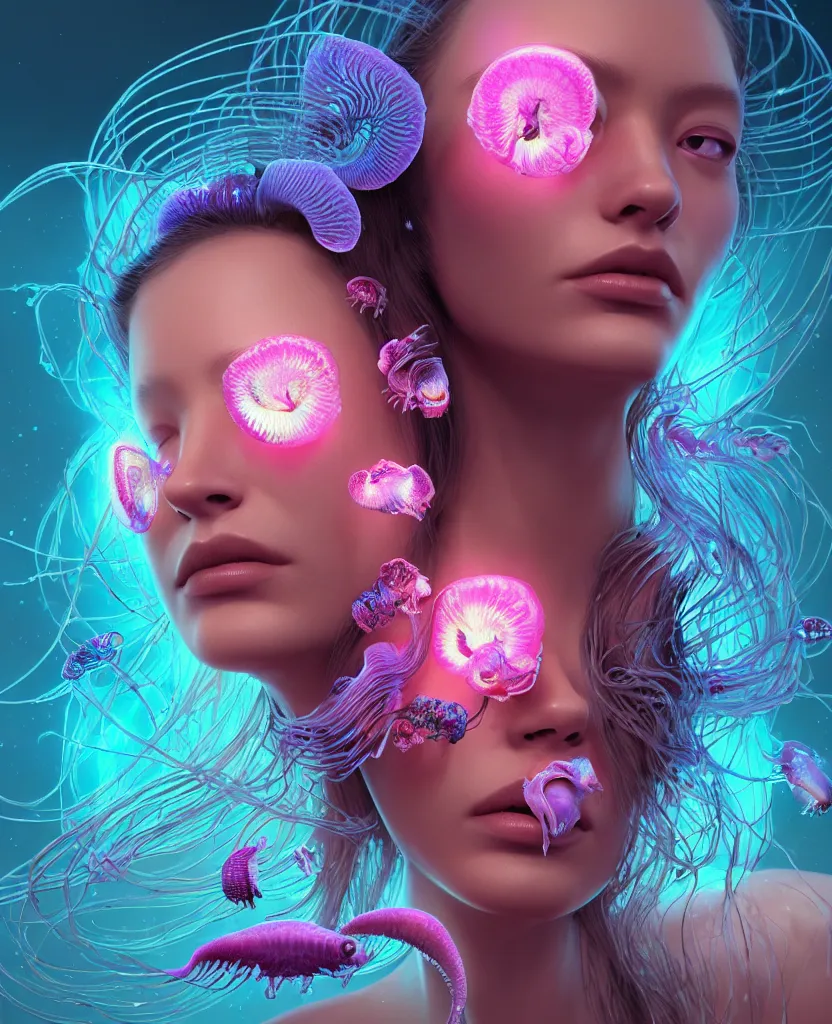 Image similar to goddess princess beautiful woman face close-up portrait ram skull. jellyfish phoenix head, nautilus, orchid, skull, betta fish, bioluminiscent creatures, intricate artwork by Tooth Wu and wlop and beeple. octane render, trending on artstation, greg rutkowski very coherent symmetrical artwork. cinematic, hyper realism, high detail, octane render, 8k