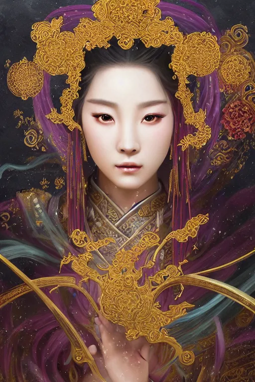 Prompt: beautiful ancient fantasy portrait of wuxia heroine like tzuyz twice, n forbidden City, hybrid from Dynasty Warriror, flowers sea rainning everywhere, intricate, very very beautiful, elegant, highly detailed, digital painting, beautiful glowing galaxy eyes, artstation, fantasy concept art, smooth, sharp focus, illustration, art by tian zi and alphonse mucha and WLOP