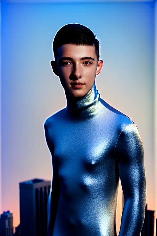 Image similar to un ultra high definition studio quality photographic art portrait of a young man standing on the rooftop of a british apartment building wearing soft padded silver pearlescent clothing. three point light. extremely detailed. golden ratio, ray tracing, volumetric light, shallow depth of field. set dressed.