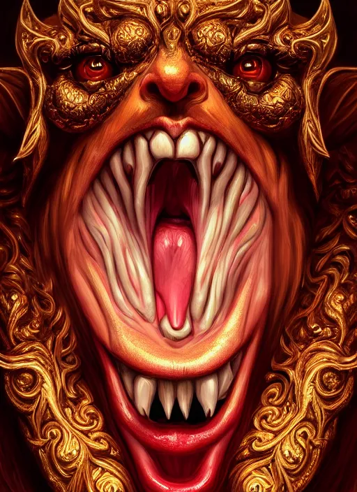 Image similar to naughty devil sticking out tongue, realistic, surealism, lavish, steep, aesthetic, extravagant, shiny, fantasy, intricate, elegant, extremely higly detailed, digital painting, artstation, ornate, grotesque, baroque, concept art, smooth, sharp focus, full body focus, street wear digital art