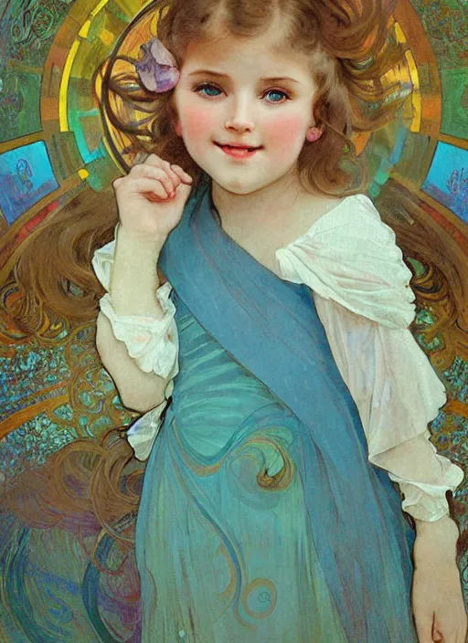 Image similar to a cute little girl with a round cherubic face, blue eyes, and short wavy light brown hair smiles as rainbow colors swirl all around her, chromatic light, rainbow shift. she is wearing a turquoise dress. beautiful painting with highly detailed face by alphonse mucha and artgerm and greg rutkowski