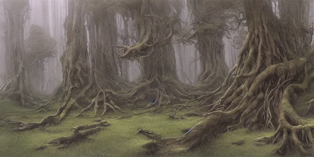 Image similar to artwork by john howe of a forest of grim catalpas