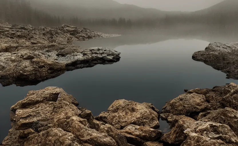 Prompt: extreme low angle showing the surface of a lake with a rocky lake shore in the foreground, scene from a film directed by charlie kaufman ( 2 0 0 1 ), foggy volumetric light morning, moody cinematography, cinematic trending on artstation in the style of greg rutkowski,