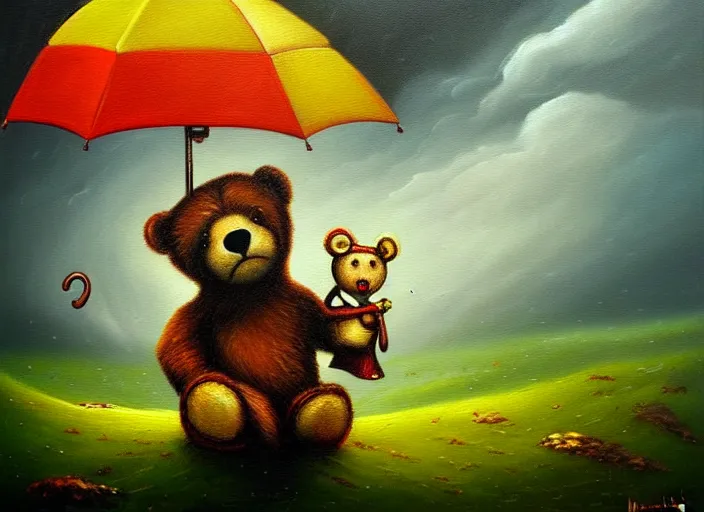 Image similar to detailed oil painting of teddy bear with umbrella by marc simonette and alexander jansson, stormy weather, concept art