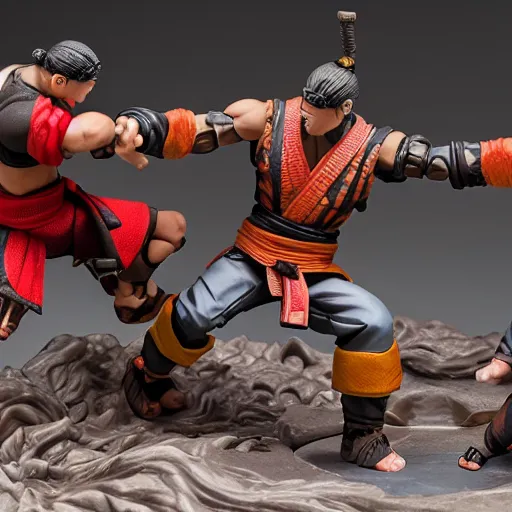 Image similar to photo of figma figures inside a diorama, depicting the fighters of mortal kombat brutally fighting each other inside a shaolin temple.