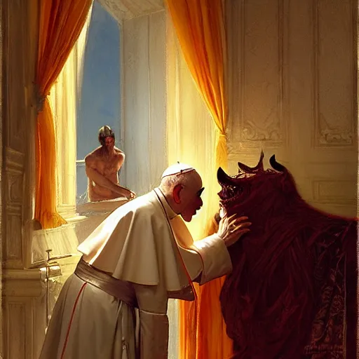 Prompt: the pope wakes up is his bed, sweating, nervous and terrified, a double horned shadow demon lurks in the curtains of the papal bedroom. highly detailed painting by gaston bussiere, j. c. leyendecker, greg rutkowski, craig mullins 8 k