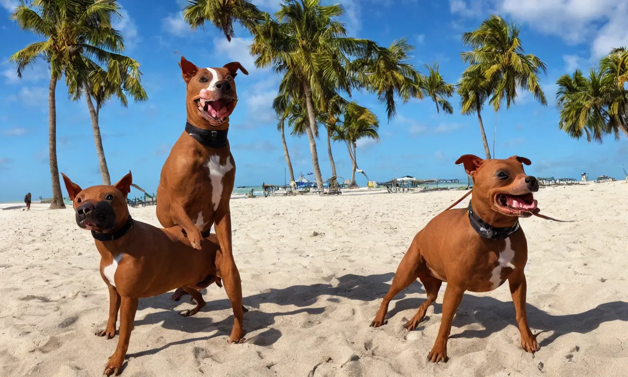 Image similar to an american pitpull terrier on an island beach with palm trees in the background