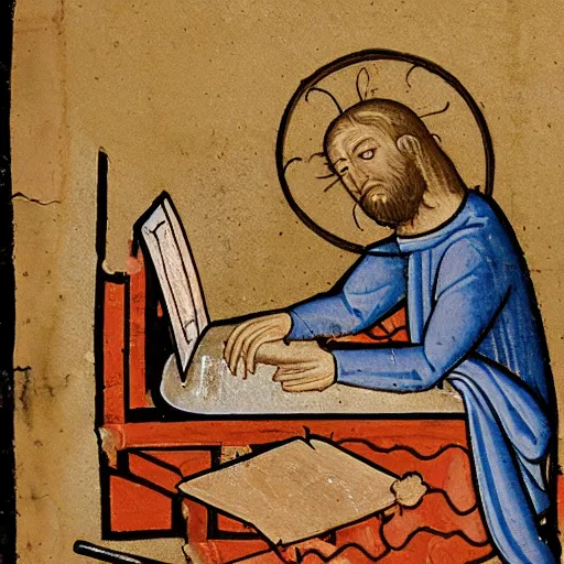 Image similar to Medieval painting of a man creating sick beats on his computer