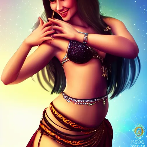 Prompt: very beautiful female belly dancer, smiling, flirty, eye contact, perfect face, perfect body, drawn by artgerm