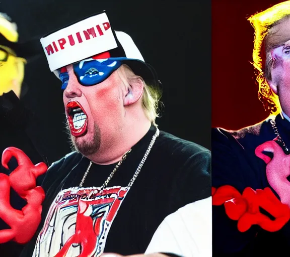 Image similar to color photo still of donald trump lead singer music group insane clown posse icp, live performance